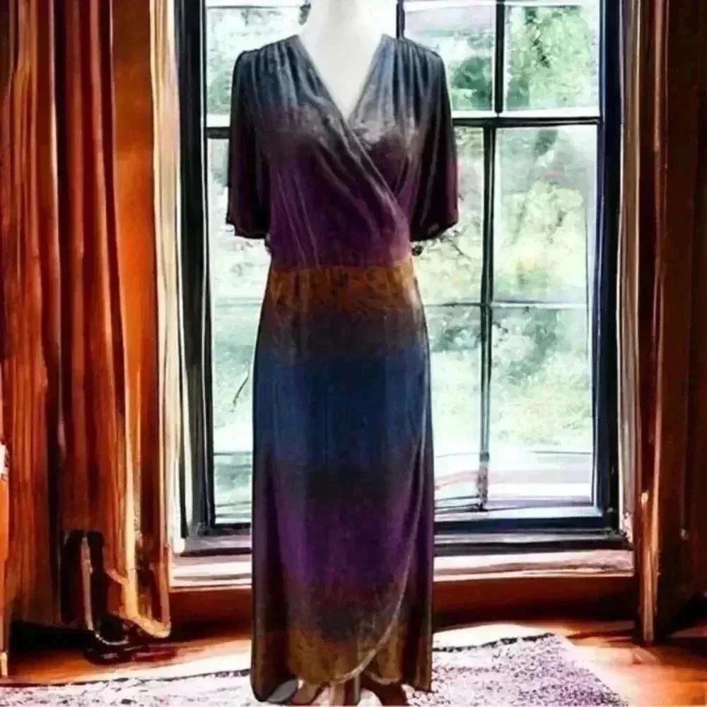 NWOT JOHNNY WAS Ombre Cheetah Print Velvet Midi Silk Wrap Dress Size XS - Picture 11 of 16